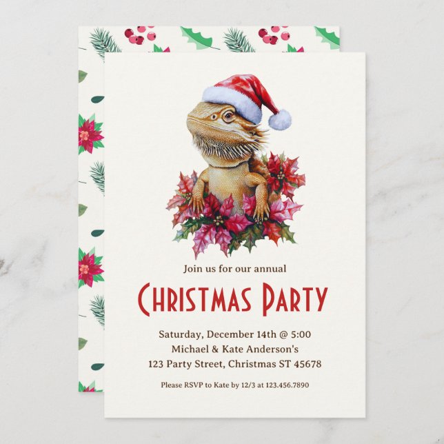 Bearded Dragon in a Santa Hat Christmas Party  Invitation (Front/Back)
