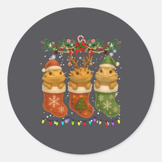 Bearded Dragon In Christmas Socks Lights Bearded D Classic Round Sticker (Front)