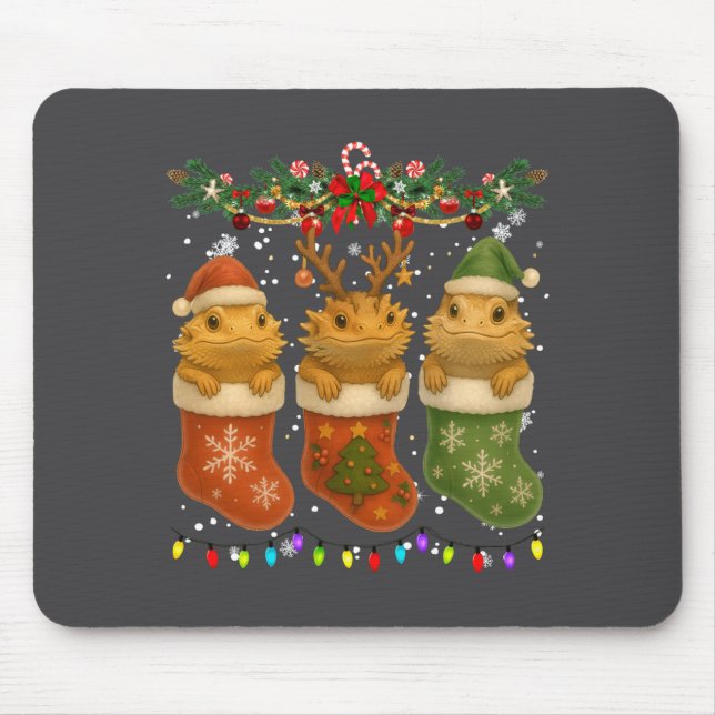 Bearded Dragon In Christmas Socks Lights Bearded D Mouse Mat (Front)