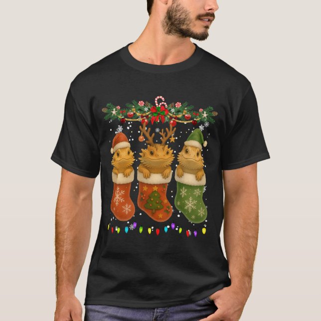 Bearded Dragon In Christmas Socks Lights Bearded D T-Shirt (Front)