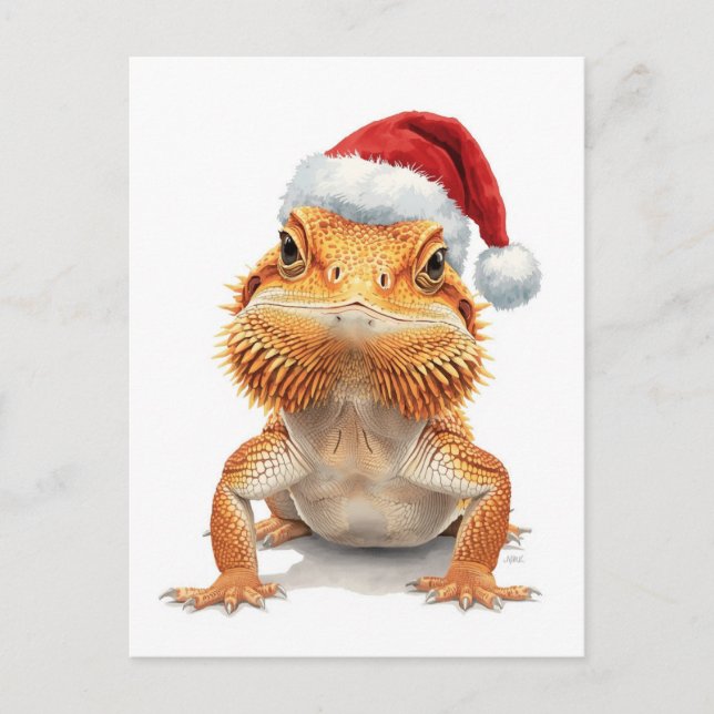 Bearded Dragon in Santa Hat Watercolor Holiday Postcard (Front)