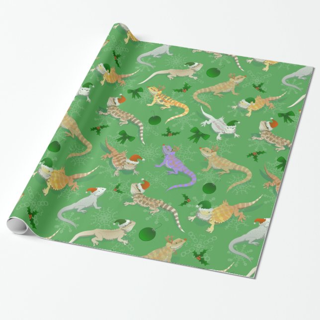 Bearded Dragon Morph Holiday Green Wrapping Paper (Unrolled)