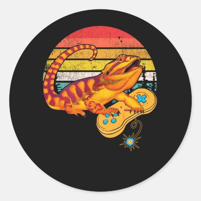 Bearded Dragon Playing Video Game Reptiles Pagona Classic Round Sticker (Front)