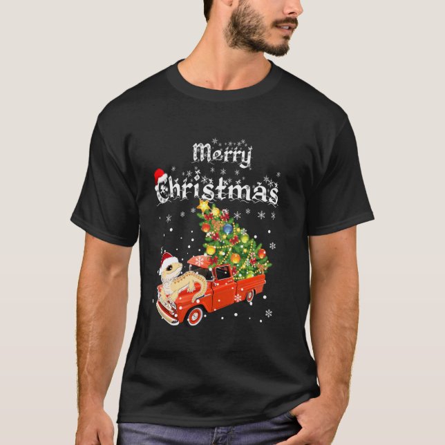 Bearded Dragon Ride Red Truck Christmas Pajama T-Shirt (Front)