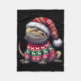 Bearded Dragon Ugly Sweater Santa Hat Christmas  Fleece Blanket