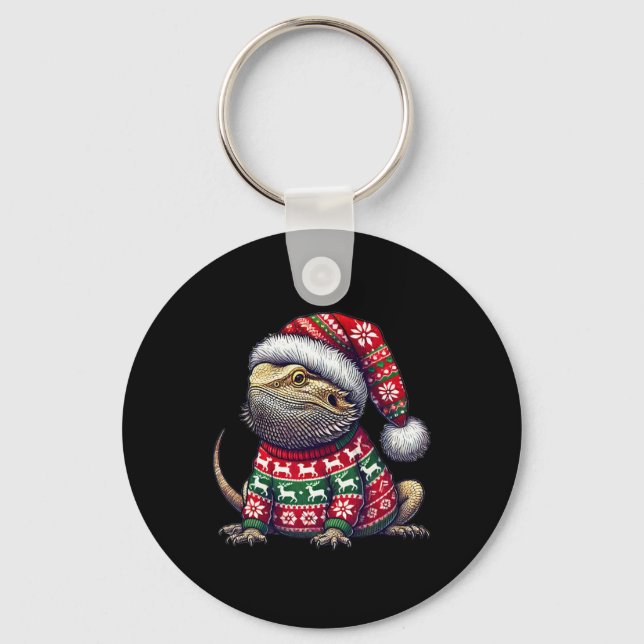 Bearded Dragon Ugly Sweater Santa Hat Christmas  Key Ring (Front)