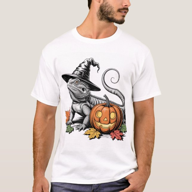 Bearded Dragon Witch and Pumpkin T-Shirt (Front)