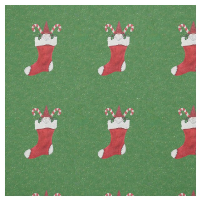 Bearded Gnome in Red Christmas Stocking Green Fabric (Swatch)
