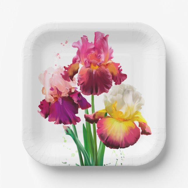 Bearded iris and splashes of watercolor painting	 paper plate (Front)