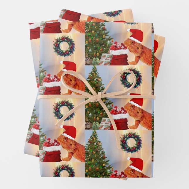 Beardie-Claus - Bearded Dragon Santa Wrapping Paper Sheet (In situ)