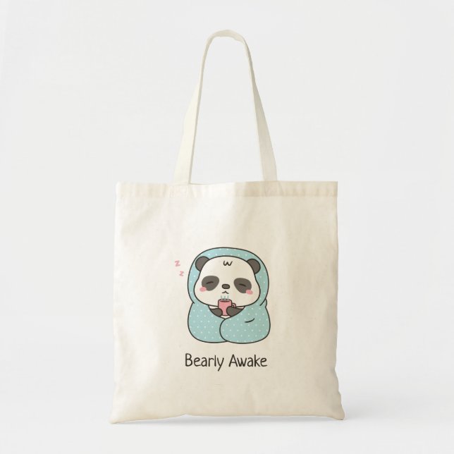 Bearly Awake Pun Cute Sleepy Panda in Blanket Tote Bag (Front)