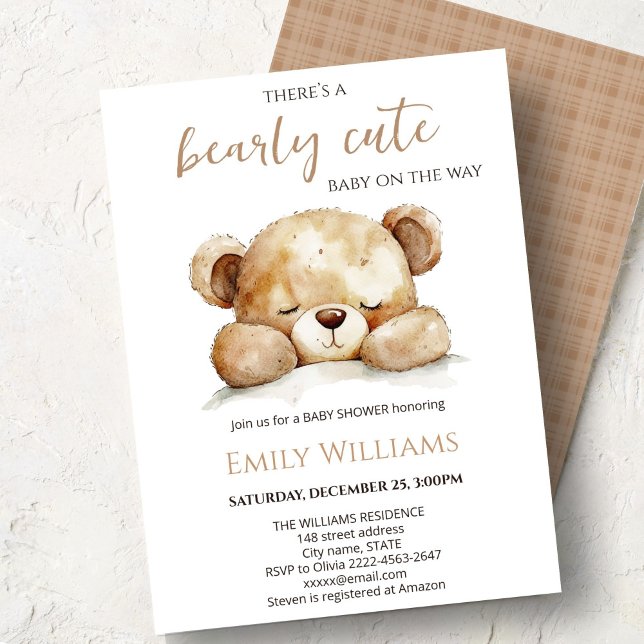 Bearly Cute Baby Shower | Neutral minimalist  Invitation (Cute bear watercolor baby shower invitation “Bearly cute baby on the way” )