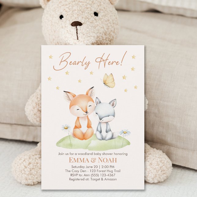 Bearly Here Woodland Stars Fox & Bear Baby Shower Invitation (Creator Uploaded)