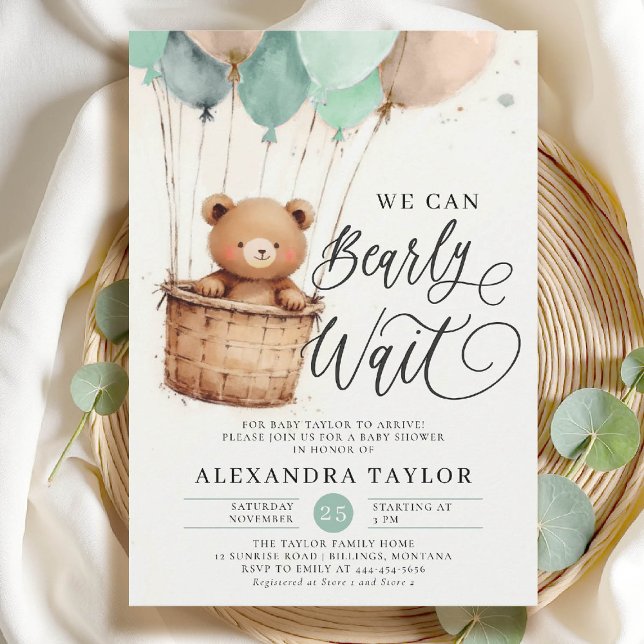 Bearly Hot Air Balloons Sage Green Baby Boy Shower Invitation (bearly wait baby shower invitation boy sage green hot air balloons whimsical calligraphy watercolor)