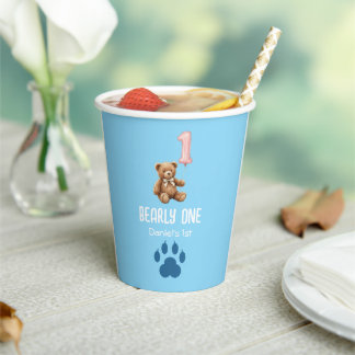 Bearly One | Brown Teddy Bear First Birthday Paper Cups