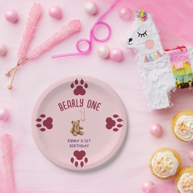 Bearly One | Brown Teddy Bear First Birthday Paper Plate (Party)