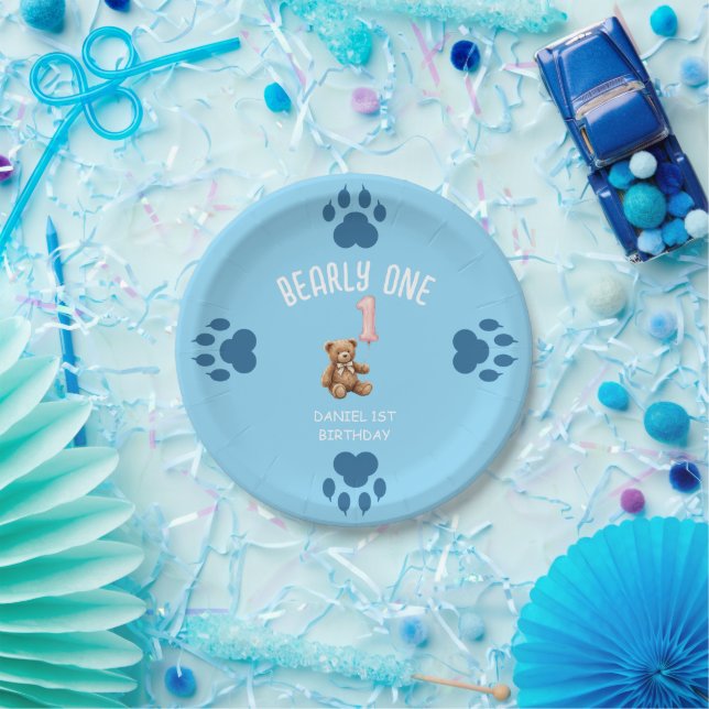 Bearly One | Brown Teddy Bear First Birthday Paper Plate (Party)
