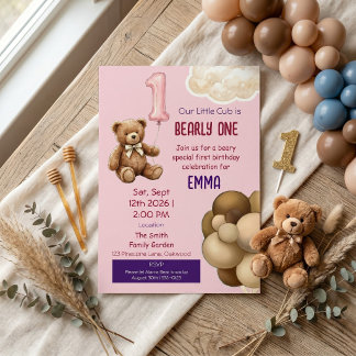 Bearly One Teddy Bear First Birthday Invitation