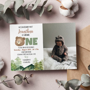 Bearly Turning One Woodland 1st Birthday Photo Invitation