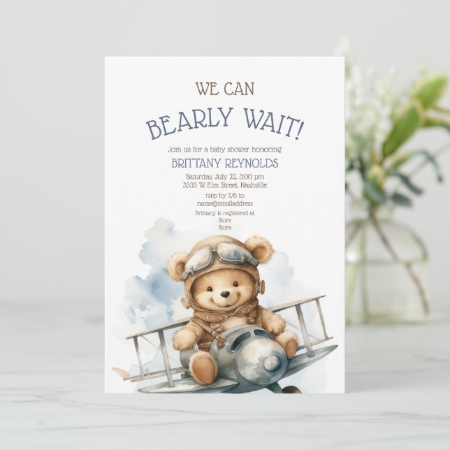 Bearly Wait Aeroplane Blue Baby Shower Invitation (Standing Front)