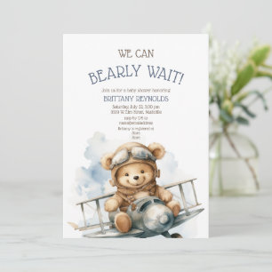Bearly Wait Airplane Blue Baby Shower Invitation