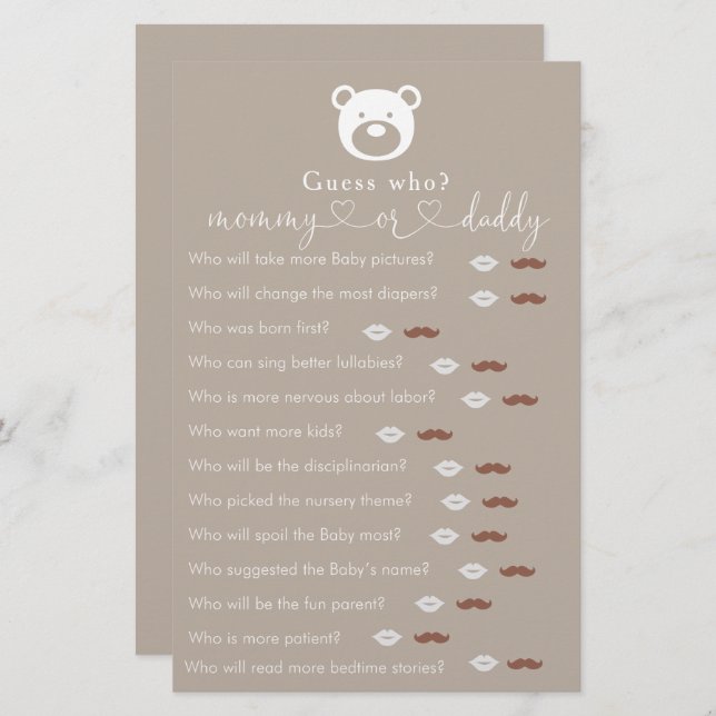 Bearly Wait Baby Shower  "Guess Who" Game (Front/Back)
