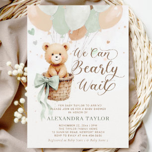Bearly Wait Balloons Bow Sage Tan Chic Baby Shower Invitation