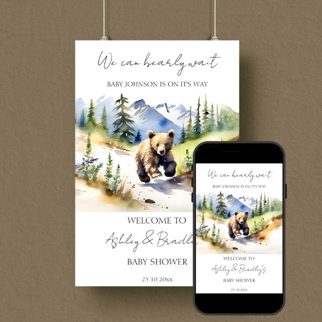 Bearly wait bear adventure baby shower welcome poster (Bearly wait national parks bear themed baby shower welcome sign editable template poster download )