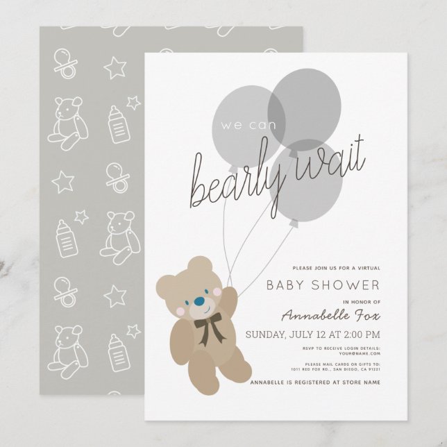 Bearly Wait Bear Grey Virtual Baby Shower Invitation (Front/Back)