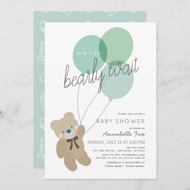 Bearly Wait Bear Mint Green Baby Shower Invitation (Front/Back)