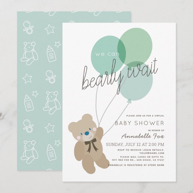 Bearly Wait Bear Mint Green Virtual Baby Shower Invitation (Front/Back)
