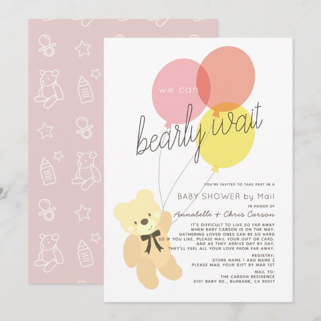 Bearly Wait Bear Pink Baby Shower by Mail Invitation (Front/Back)