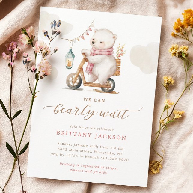 Bearly Wait Bear Scooter Girl Baby Shower Invitation (Creator Uploaded)