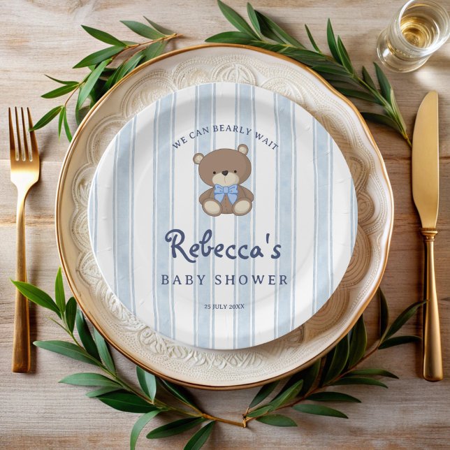 Bearly wait blue retro stripes vintage baby shower paper plate (Bearly wait cute teddy bear blue retro stripes vintage baby shower personalized paper plates)