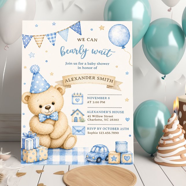 Bearly Wait Blue Teddy Bear Baby Shower Invitation (Creator Uploaded)