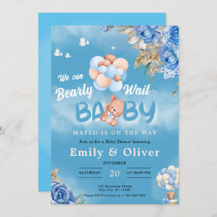 Bearly Wait Blue Teddy Bear Baby Shower Invitation