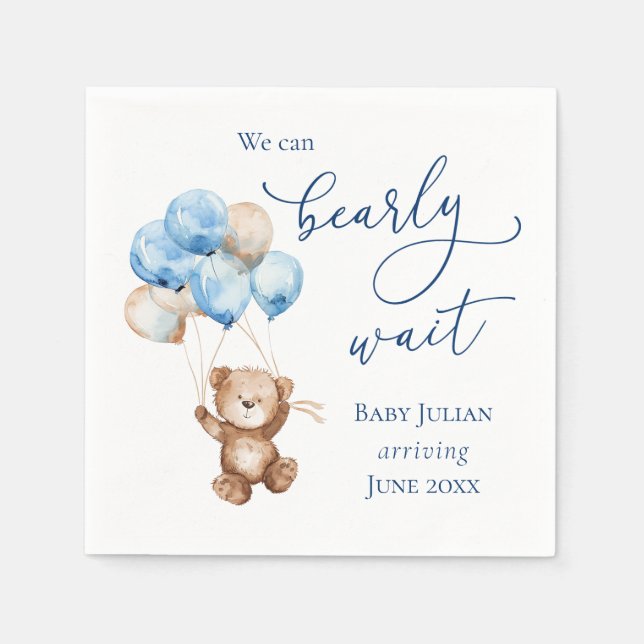 Bearly Wait Blue Teddy Bear Baby Shower Napkin (Front)