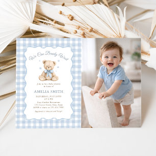 Bearly Wait Blue Teddy Bear Baby Shower Photo Invitation