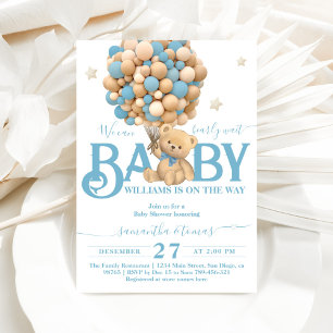 Bearly Wait Boho Blue Balloon Baby Boy Shower Invitation