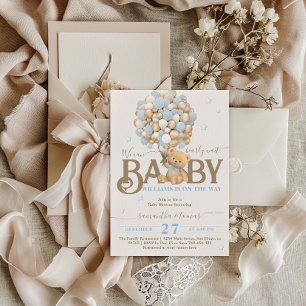 Bearly Wait Boho Blue Balloon Boy Baby Shower Invitation
