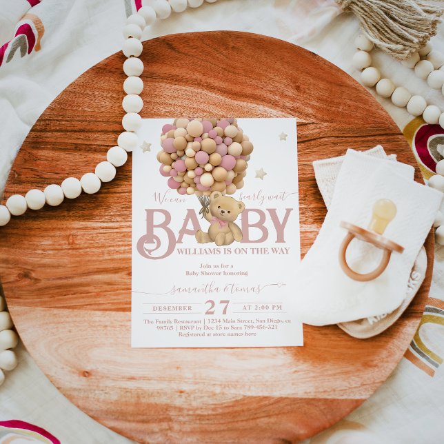 Bearly Wait Boho Pink Balloon Baby Girl Shower Invitation (Creator Uploaded)
