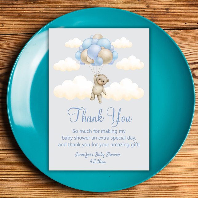 bearly wait, boy baby shower cute bear blue brown thank you card (Creator Uploaded)