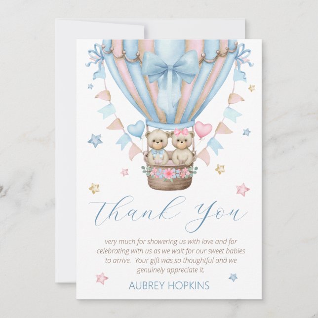 Bearly Wait Boy Girl Twins Baby Shower Thank You Card (Front)