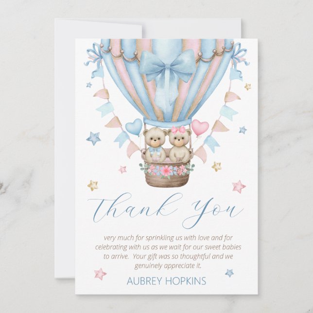 Bearly Wait Boy Girl Twins Baby Sprinkle Thank You Card (Front)