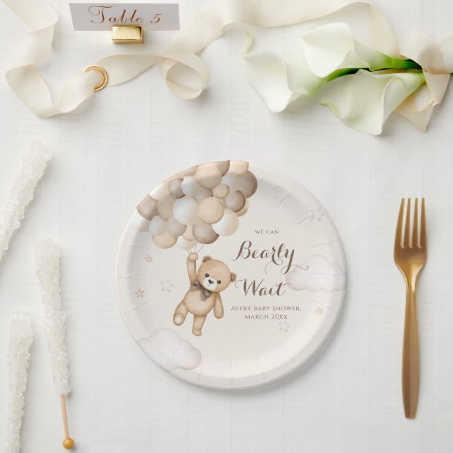Bearly Wait Brown Bear Balloon Baby Shower  Paper Plate (Wedding)