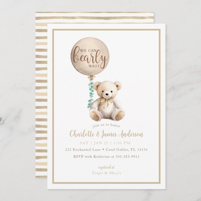 Bearly Wait Brown Teddy Bear Baby Shower Invite (Front/Back)