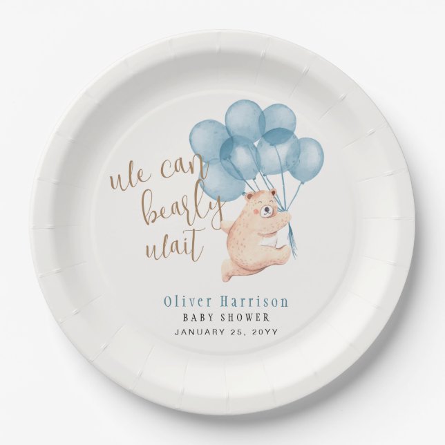 Bearly Wait Cute Bear Blue Balloon Boy Baby Shower Paper Plate (Front)