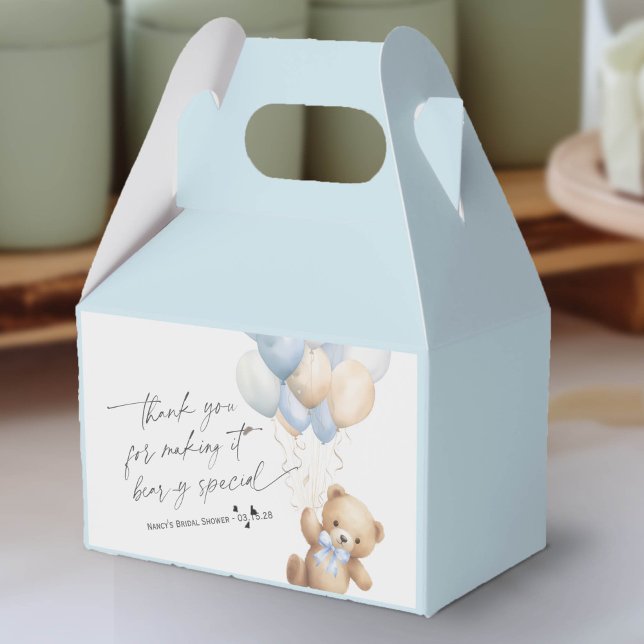 Bearly Wait Cute Teddy Bear and Blue Balloons Favour Box (We Can Bearly Wait, Blue Baby Boy Shower Favor Box.)