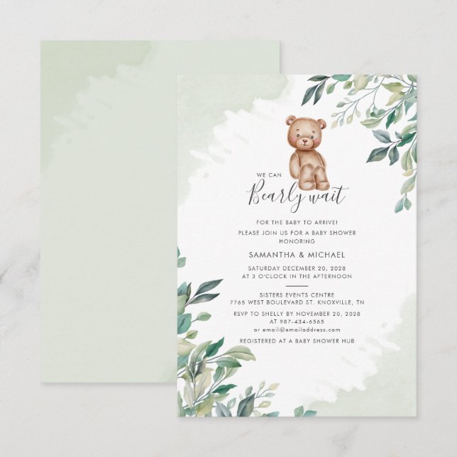 Bearly Wait Eucalyptus Foliage Couples Baby Shower Invitation (Front/Back)