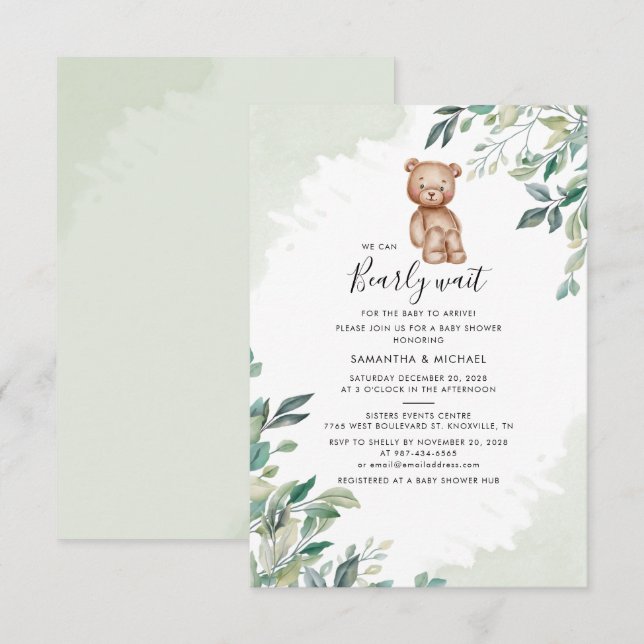 Bearly Wait Eucalyptus Leaves Couples Baby Shower Invitation (Front/Back)